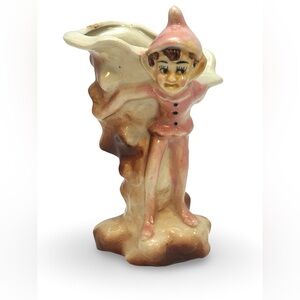 Charming & Whimsical Pink and Brown Sneaky Ceramic Elf Figurine